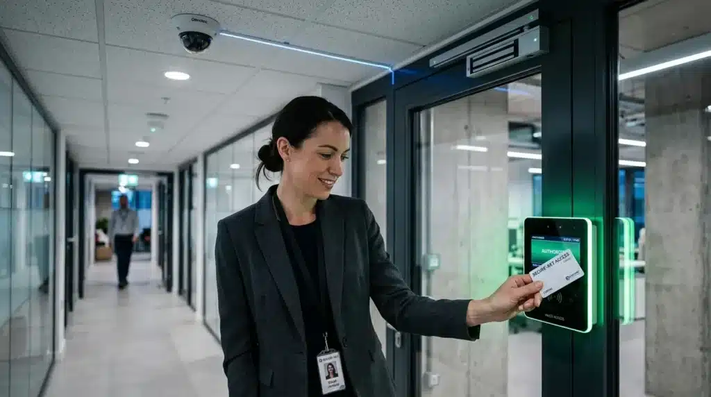 Fotografia em plano médio de uma executiva sorridente vestindo blazer escuro e crachá de identificação no pescoço. Ela encosta um cartão de proximidade branco com o texto "SECURE ACCESS" em um leitor digital com borda verde acesa ao lado de uma porta de vidro em um escritório moderno. O leitor exibe a confirmação "AUTHORIZED". No teto do corredor bem iluminado, destaca-se uma câmera de segurança do tipo domo.