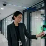 Fotografia em plano médio de uma executiva sorridente vestindo blazer escuro e crachá de identificação no pescoço. Ela encosta um cartão de proximidade branco com o texto "SECURE ACCESS" em um leitor digital com borda verde acesa ao lado de uma porta de vidro em um escritório moderno. O leitor exibe a confirmação "AUTHORIZED". No teto do corredor bem iluminado, destaca-se uma câmera de segurança do tipo domo.