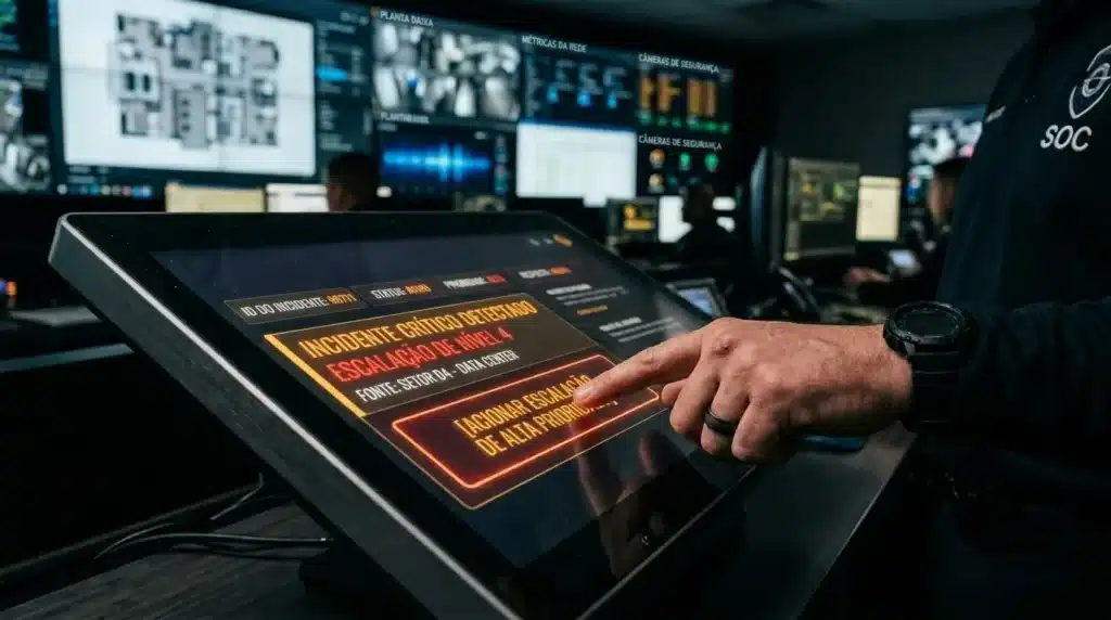 Fotografia em plano fechado da mão de um analista de segurança vestindo uniforme com o bordado "SOC" e relógio tático no pulso. Ele toca na tela touchscreen de um console operacional para pressionar o botão "[ACIONAR ESCALAÇÃO DE ALTA PRIORIDADE]". A interface exibe a caixa de aviso destacada em laranja: "INCIDENTE CRÍTICO DETECTADO - ESCALAÇÃO DE NÍVEL 4 - FONTE: SETOR D4 - DATA CENTER". Ao fundo desfocado, veem-se os monitores da sala de controle exibindo plantas baixas e feeds de câmeras.