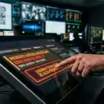 Fotografia em plano fechado da mão de um analista de segurança vestindo uniforme com o bordado "SOC" e relógio tático no pulso. Ele toca na tela touchscreen de um console operacional para pressionar o botão "[ACIONAR ESCALAÇÃO DE ALTA PRIORIDADE]". A interface exibe a caixa de aviso destacada em laranja: "INCIDENTE CRÍTICO DETECTADO - ESCALAÇÃO DE NÍVEL 4 - FONTE: SETOR D4 - DATA CENTER". Ao fundo desfocado, veem-se os monitores da sala de controle exibindo plantas baixas e feeds de câmeras.