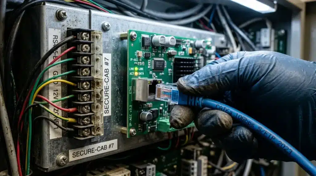 Fotografia em plano fechado da mão de um técnico usando luva de proteção escura enquanto conecta um cabo de rede azul "CAT6a 10Gbps S/FTP 2023" com conector RJ45 na porta de uma placa de circuito verde "IP-ACC v3.2". A placa possui LEDs verdes acesos para indicativos de link e transmissão de dados. Ao lado esquerdo, dentro do painel metálico etiquetado como "SECURE-CAB #7", há uma régua de bornes com fiação elétrica colorida para conexões de alimentação e sinal RS485.