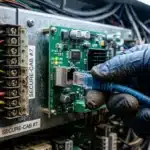 Fotografia em plano fechado da mão de um técnico usando luva de proteção escura enquanto conecta um cabo de rede azul "CAT6a 10Gbps S/FTP 2023" com conector RJ45 na porta de uma placa de circuito verde "IP-ACC v3.2". A placa possui LEDs verdes acesos para indicativos de link e transmissão de dados. Ao lado esquerdo, dentro do painel metálico etiquetado como "SECURE-CAB #7", há uma régua de bornes com fiação elétrica colorida para conexões de alimentação e sinal RS485.