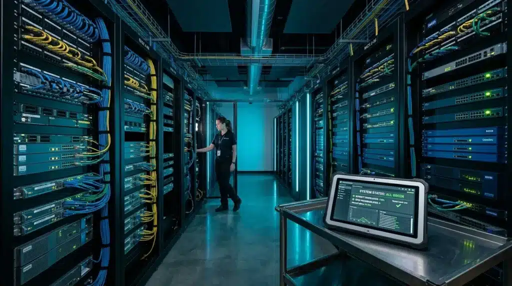 Fotografia em plano aberto do corredor de um data center com iluminação ciano, ladeado por altos racks de servidores repletos de switches de rede e cabeamento organizado nas cores azul e amarela. Em primeiro plano, sobre um carrinho metálico de suporte, um tablet industrial reforçado exibe o painel de monitoramento com a mensagem de status "SYSTEM STATUS: ALL GREEN" e indicador de ameaça baixo. Ao fundo, uma técnica de TI inspeciona o interior de uma das estantes de servidores.