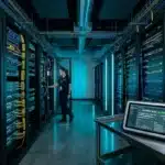 Fotografia em plano aberto do corredor de um data center com iluminação ciano, ladeado por altos racks de servidores repletos de switches de rede e cabeamento organizado nas cores azul e amarela. Em primeiro plano, sobre um carrinho metálico de suporte, um tablet industrial reforçado exibe o painel de monitoramento com a mensagem de status "SYSTEM STATUS: ALL GREEN" e indicador de ameaça baixo. Ao fundo, uma técnica de TI inspeciona o interior de uma das estantes de servidores.