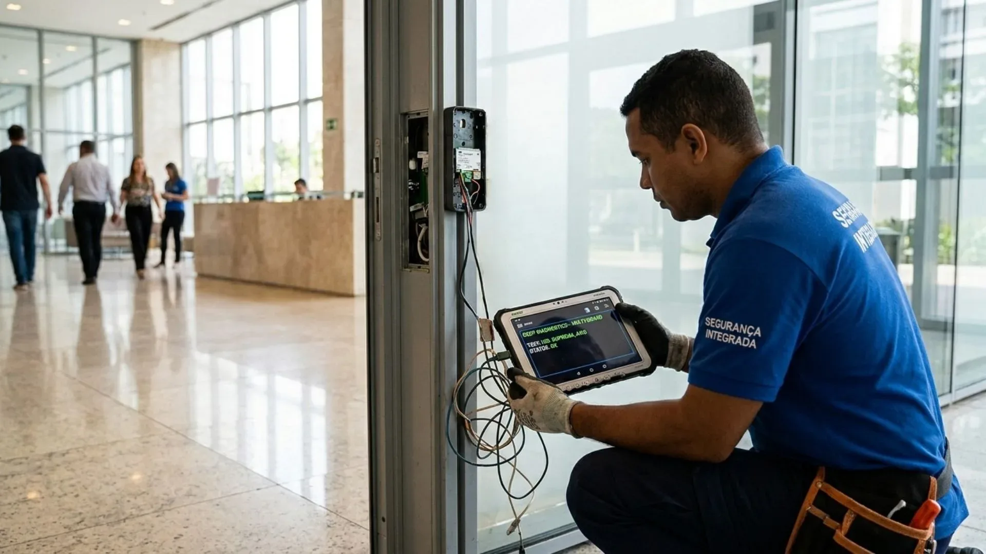 Um técnico vestindo uniforme azul com a inscrição "SEGURANÇA INTEGRADA", ajoelhado ao lado do batente de uma porta de vidro para realizar a manutenção de um leitor de controle de acesso. Ele segura um tablet industrial de diagnóstico conectado aos cabos do dispositivo, com o hall de entrada amplo e iluminado de um edifício corporativo ao fundo.