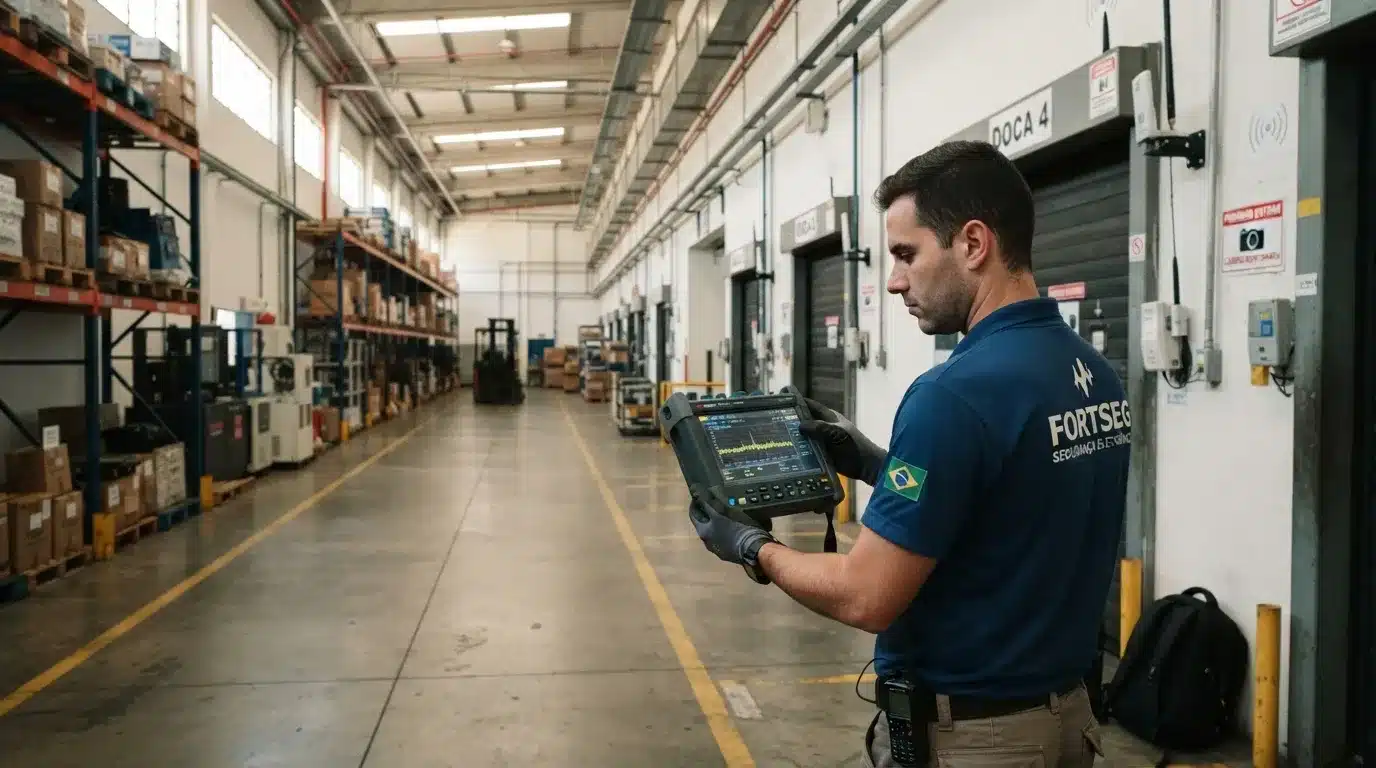 Um técnico vestindo camisa polo azul da "FORTSEG SEGURANÇA ELETRÔNICA" com a bandeira do Brasil na manga. Ele opera um analisador de espectro de radiofrequência portátil no corredor de um galpão logístico. Ao fundo, observam-se prateleiras de estoque com paletes, sinalização de "DOCA 4" e dispositivos sem fio instalados na parede.
