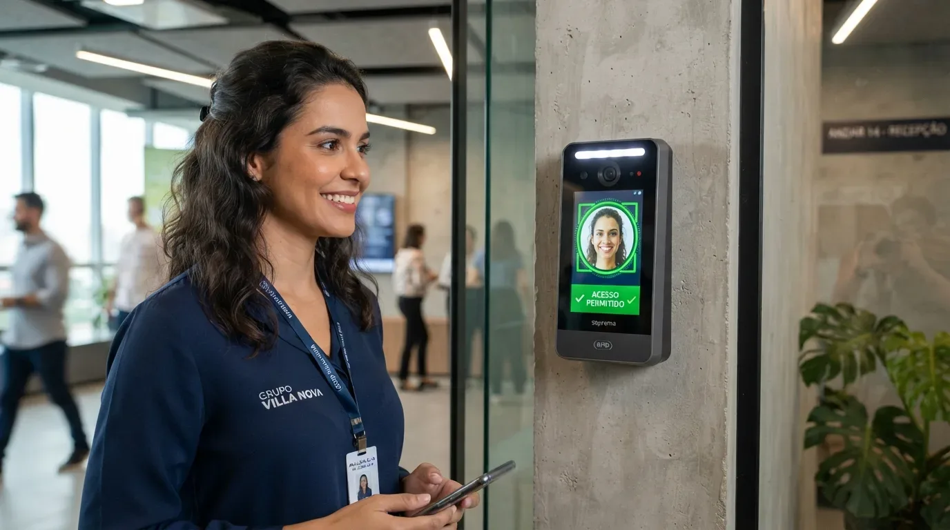 Uma funcionária vestindo camisa do "GRUPO VILLA NOVA" sorrindo diante de um leitor biométrico de reconhecimento facial afixado em um pilar de concreto. A tela do terminal exibe o rosto da usuária em uma moldura digital verde acompanhado do aviso "ACESSO PERMITIDO". Ao fundo desfocado, observa-se o ambiente de recepção de um escritório corporativo.