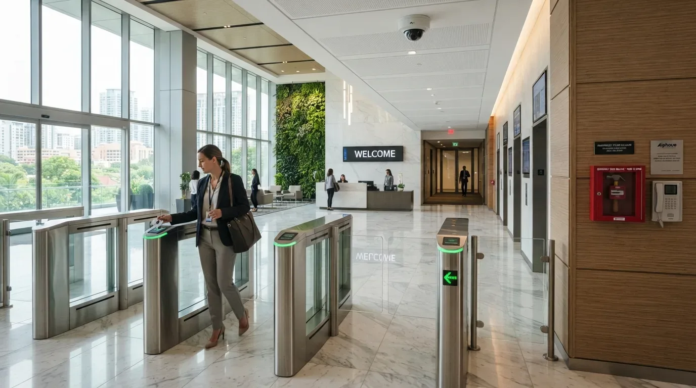 Fotografia em plano aberto do hall de entrada moderno de um edifício corporativo com piso de mármore e amplas janelas de vidro. Em primeiro plano, uma mulher com traje social aproxima um crachá de identificação no leitor de uma catraca eletrônica com luz indicadora verde. Ao fundo, observam-se a recepção com a palavra "WELCOME", um painel vegetal vertical, elevadores, cúpula de câmera de segurança no teto e caixa de alarme na parede.