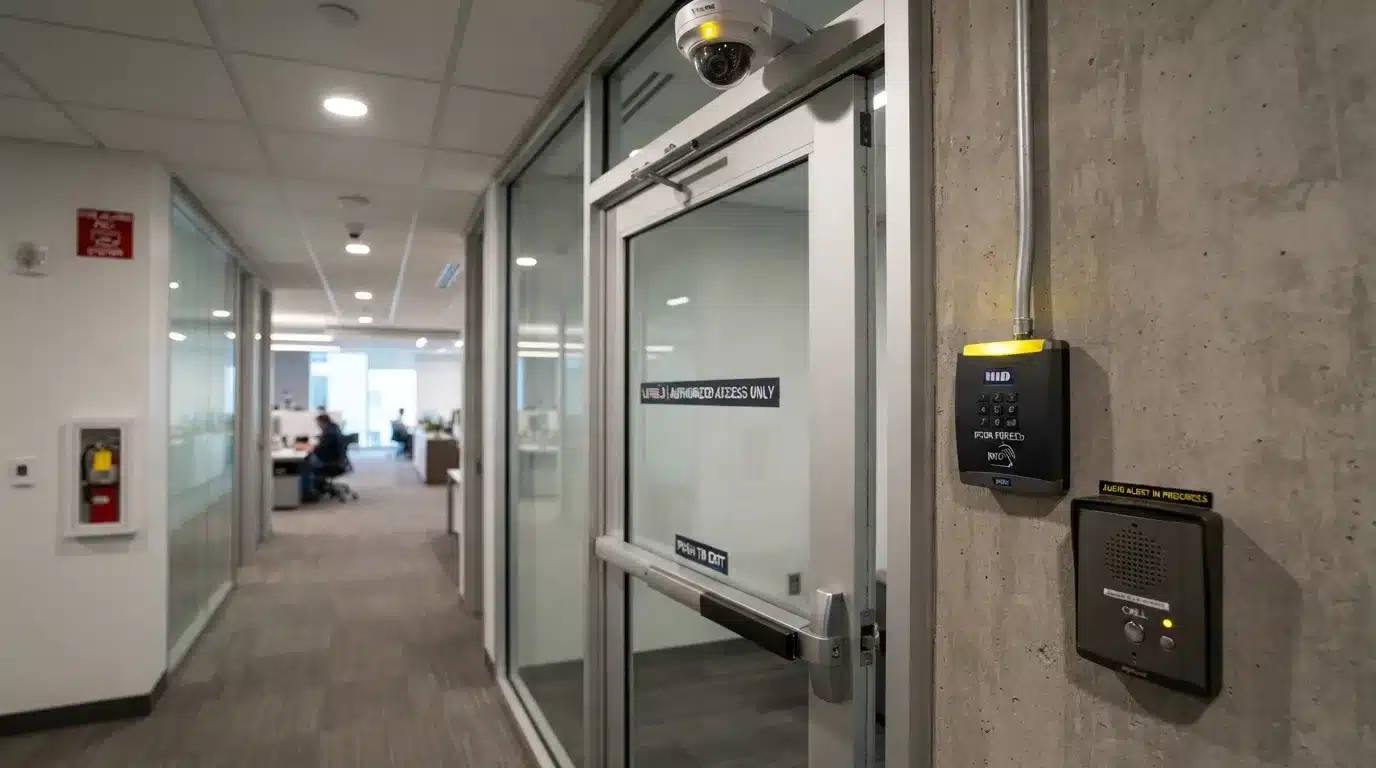 Um leitor de controle de acesso com teclado numérico instalado em uma parede de concreto, emitindo um alerta luminoso amarelo ao lado de um módulo de interfone com a etiqueta "AUDIO ALERT IN PROGRESS". O dispositivo fica junto a uma porta de vidro com aviso de "AUTHORIZED ACCESS ONLY", abaixo de uma câmera de segurança dome com luz indicadora acesa. Ao fundo desfocado, vê-se o corredor de um escritório corporativo.
