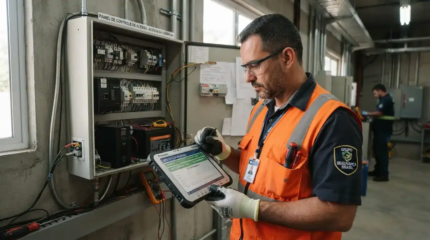 Um técnico de óculos de proteção e colete refletivo laranja com o emblema "GRUPO SEGURANÇA BRASIL", utilizando uma caneta digital em um tablet industrial de diagnóstico. Ele realiza testes diante de um painel metálico aberto etiquetado como "PAINEL DE CONTROLE DE ACESSO", composto por disjuntores, fiação e nobreak. Ao fundo, observa-se o ambiente de uma sala técnica.