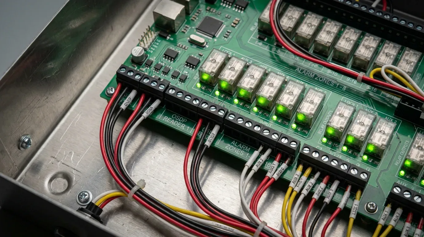 Fotografia em plano fechado do painel interno de um controlador eletrônico de segurança dentro de um gabinete metálico. A placa de circuito impresso verde exibe relés com luzes LED verdes acesas e blocos de terminais com fiação organizada e etiquetada nas cores preta, vermelha, branca e amarela, com identificações como OSDP READER 1, ALARM ZONES 1-8 e entradas AUX.