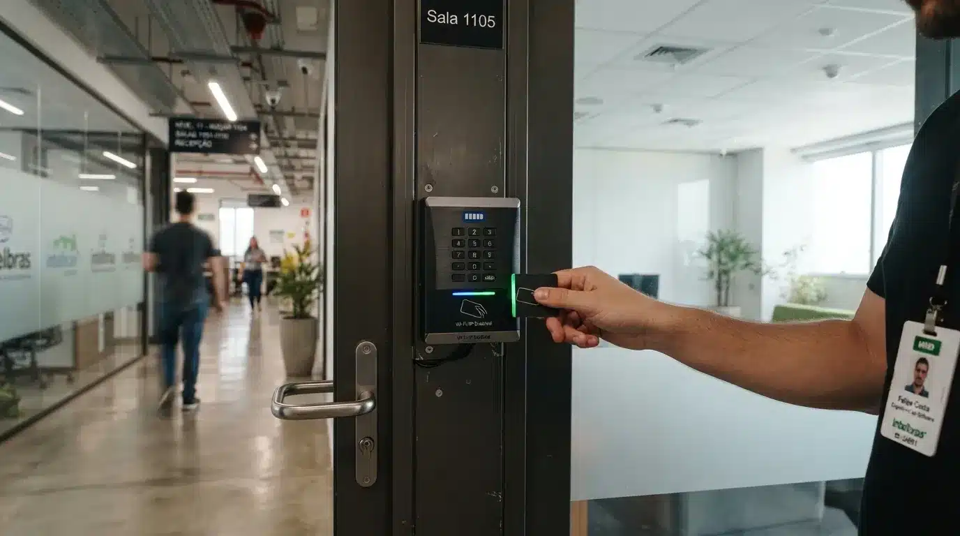Fotografia em plano fechado da mão de um funcionário aproximando um cartão de acesso de um leitor com teclado numérico instalado ao lado do batente da "Sala 1105". O dispositivo acende uma luz LED verde indicando permissão de entrada. Ao fundo desfocado, vê-se o corredor corporativo com divisórias de vidro e pessoas caminhando.