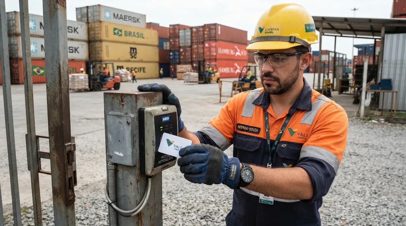 Fotografia em plano médio de um operador portuário de capacete amarelo, óculos de proteção e uniforme de alta visibilidade da "VALE LOGÍSTICA". Ele aproxima um cartão de acesso RFID de um leitor de proximidade instalado em um portão metálico. Ao fundo, observa-se um pátio industrial com contêineres empilhados das marcas Maersk, MSC e Hamburg Süd, além de empilhadeiras em movimentação.