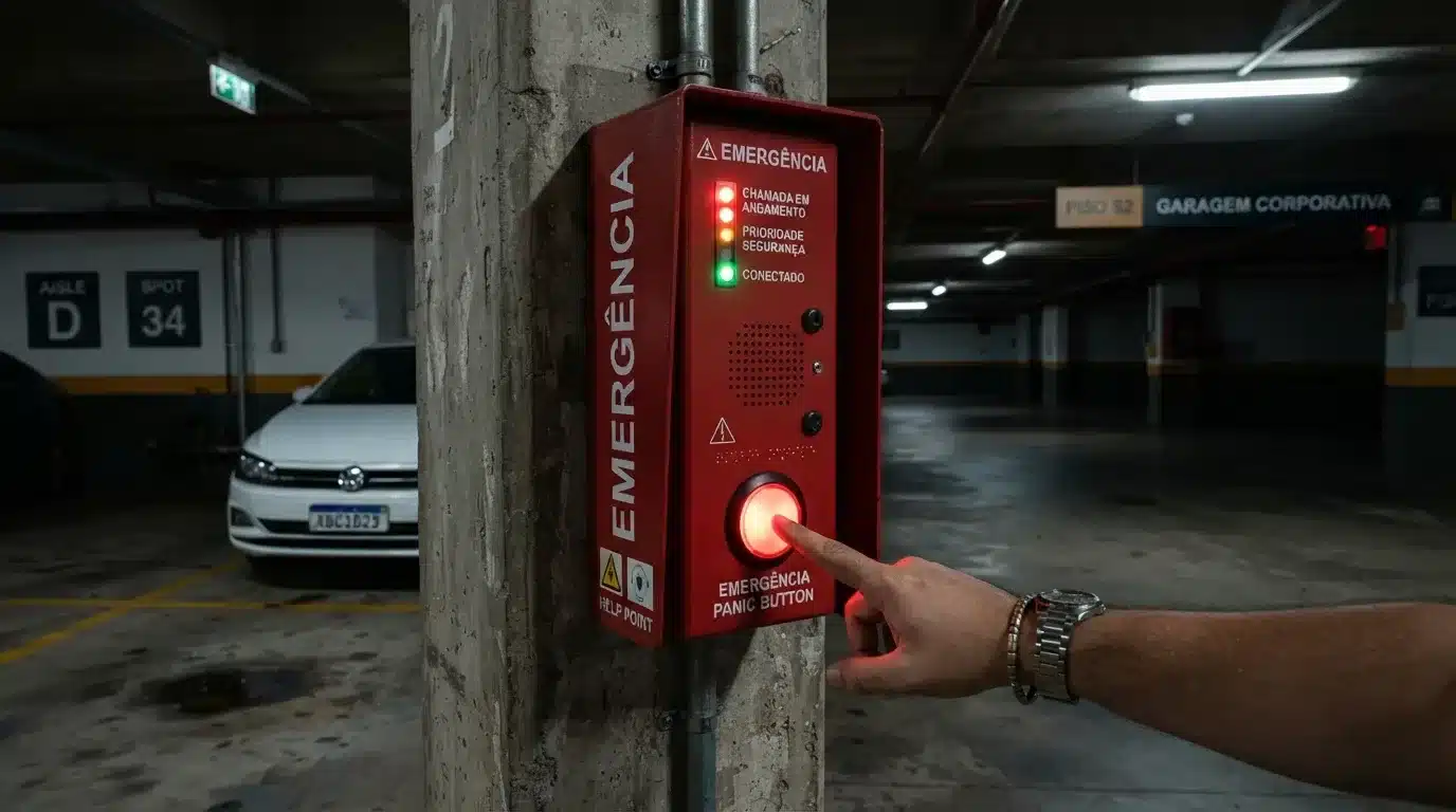 Fotografia em plano fechado do dedo de uma pessoa pressionando o botão vermelho iluminado de um painel de emergência fixado em um pilar de concreto. A caixa metálica vermelha exibe as inscrições "EMERGÊNCIA", "HELP POINT" e luzes indicadoras para "CHAMADA EM ANDAMENTO", "PRIORIDADE SEGURANÇA" e "CONECTADO". Ao fundo, observa-se o estacionamento coberto com a sinalização "PISO S2 - GARAGEM CORPORATIVA" e um veículo branco estacionado.