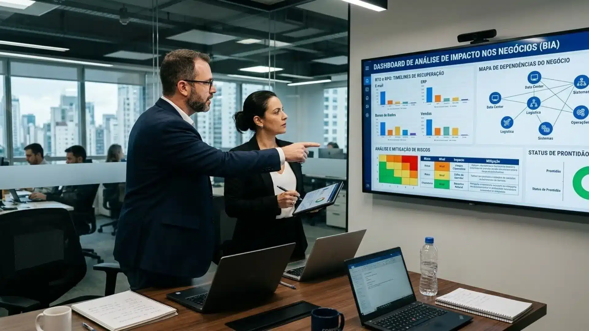 Dois executivos em trajes formais em uma sala de reuniões corporativa. O homem aponta para um grande monitor exibindo o "DASHBOARD DE ANÁLISE DE IMPACTO NOS NEGÓCIOS (BIA)", com gráficos de Timelines de Recuperação (RTO e RPO), Mapa de Dependências do Negócio, matriz de Análise e Mitigação de Riscos e Status de Prontidão. A mulher ao lado acompanha a análise segurando um tablet sobre a mesa equipada com notebooks e cadernos.