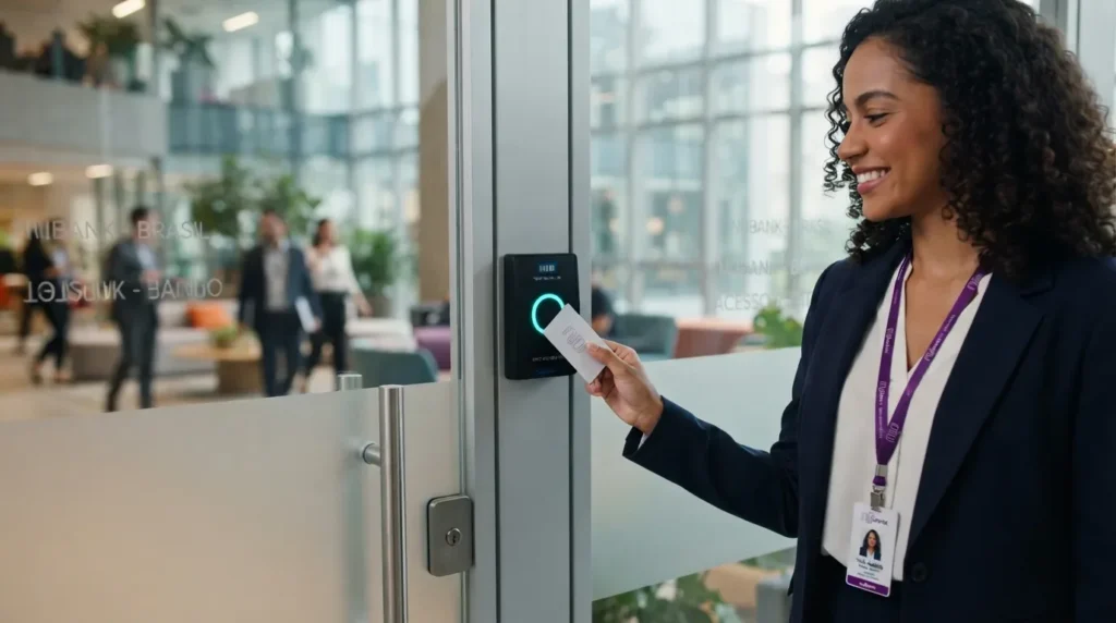 Uma profissional sorridente vestindo blazer escuro e crachá corporativo no pescoço, aproximando um cartão de proximidade RFID de um leitor de acesso preto instalado em uma porta de vidro. O dispositivo acende um círculo luminoso na cor verde para indicar a validação da entrada, em um ambiente de escritório moderno.