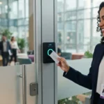 Uma profissional sorridente vestindo blazer escuro e crachá corporativo no pescoço, aproximando um cartão de proximidade RFID de um leitor de acesso preto instalado em uma porta de vidro. O dispositivo acende um círculo luminoso na cor verde para indicar a validação da entrada, em um ambiente de escritório moderno.