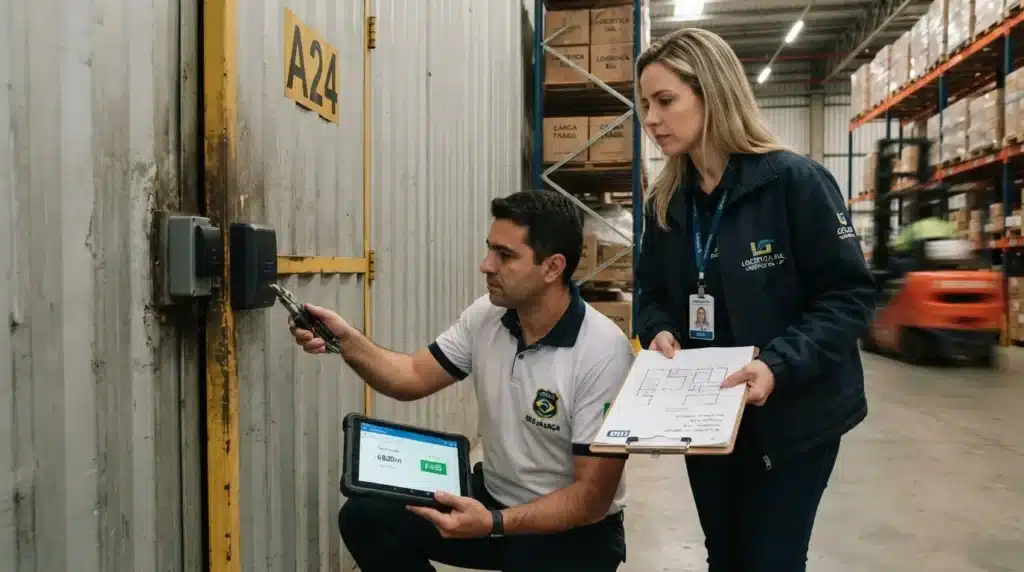 Uma inspetora de jaqueta da "LOGÍSTICA SUL" segurando uma prancheta com planta baixa, acompanhada por um técnico de segurança ajoelhado ao lado de uma porta industrial identificada como "A24". O técnico utiliza ferramentas e monitora a validação da trava eletrônica em um tablet com a mensagem de aprovação verde "PASS", em um armazém com caixas de "CARGA FRÁGIL" e empilhadeira ao fundo.