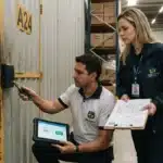 Uma inspetora de jaqueta da "LOGÍSTICA SUL" segurando uma prancheta com planta baixa, acompanhada por um técnico de segurança ajoelhado ao lado de uma porta industrial identificada como "A24". O técnico utiliza ferramentas e monitora a validação da trava eletrônica em um tablet com a mensagem de aprovação verde "PASS", em um armazém com caixas de "CARGA FRÁGIL" e empilhadeira ao fundo.