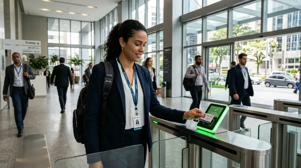 Uma profissional de blazer azul escuro e mochila nas costas encostando seu crachá de identificação no leitor de uma catraca eletrônica de vidro. A tela do terminal ilumina-se em verde com um selo de verificação de acesso. Ao fundo, vê-se o hall de entrada envidraçado de um edifício corporativo com sinalização da "TORRE B" e executivos em circulação.