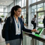 Uma profissional de blazer azul escuro e mochila nas costas encostando seu crachá de identificação no leitor de uma catraca eletrônica de vidro. A tela do terminal ilumina-se em verde com um selo de verificação de acesso. Ao fundo, vê-se o hall de entrada envidraçado de um edifício corporativo com sinalização da "TORRE B" e executivos em circulação.