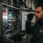 Fotografia em plano médio de um técnico vestindo uniforme da "SENTINEL SECURITY SYSTEMS" e luvas de trabalho. Com uma lanterna em mãos, ele ilumina e inspeciona a fiação interna e a placa de circuito de um painel de alarme aberto etiquetado como "ALARM CONTROLLER - ZONE 4", posicionado sobre uma parede de concreto.