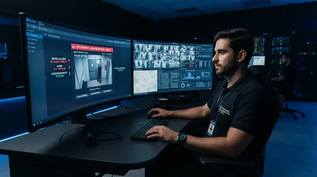 Um operador de segurança sentado em uma sala de controle escura com iluminação azul. Ele opera teclado e mouse diante de dois grandes monitores curvos ultrawide. A tela da esquerda exibe o sinal de alerta vermelho de uma câmera focada em uma porta de acesso, enquanto a tela da direita apresenta uma grade com múltiplos feeds de câmeras CFTV, mapa de localização e gráficos analíticos. Ao fundo, veem-se racks de servidores iluminados.