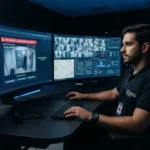 Um operador de segurança sentado em uma sala de controle escura com iluminação azul. Ele opera teclado e mouse diante de dois grandes monitores curvos ultrawide. A tela da esquerda exibe o sinal de alerta vermelho de uma câmera focada em uma porta de acesso, enquanto a tela da direita apresenta uma grade com múltiplos feeds de câmeras CFTV, mapa de localização e gráficos analíticos. Ao fundo, veem-se racks de servidores iluminados.