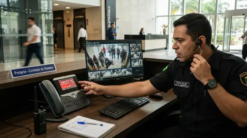 Mulher em perfil diante de infraestrutura de comunicação e segurança, com skyline azul ao fundo