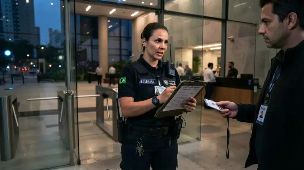 Uma agente de segurança vestindo uniforme preto com a bandeira do Brasil, rádio comunicador e prancheta em mãos. Ela anota informações enquanto inspeciona o crachá de identificação apresentado por um visitante. Ao fundo, veem-se as catracas de acesso e a recepção envidraçada do edifício ao anoitecer.