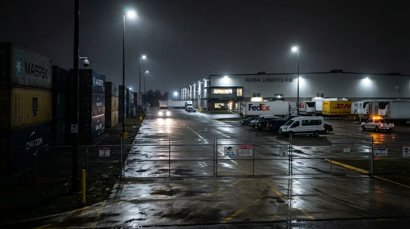 Um armazém logístico industrial à noite, iluminado por lâmpadas de poste brilhantes. A fachada do prédio principal tem "GLOBAL LOGISTICS HUB" escrito nela. Uma cerca de arame no primeiro plano ostenta uma placa "NO PARKING". Uma fila de semirreboques com logotipos FedEx, DHL e Vicon está estacionada. Pilhas de contêineres de transporte, incluindo alguns marcados com "MAERSK", são visíveis. O chão de asfalto molhado reflete as luzes.