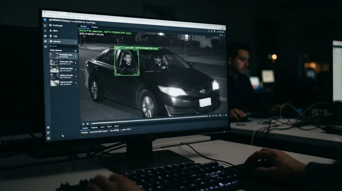 Um monitor de computador em uma sala escura exibe imagens de vigilância de um carro à noite. O rosto do motorista está circundado por uma caixa verde e o texto em verde na tela lê "FACE RECOGNITION: DETECTED". As mãos de uma pessoa estão no teclado em primeiro plano, e outra pessoa é vista ao fundo, também trabalhando em um computador.