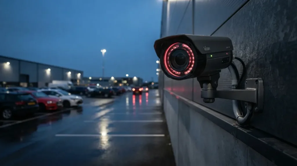 Uma visão em close-up de uma câmera de segurança Vicon montada em uma parede de metal texturizada à noite. A lente da câmera está envolta por luzes LED infravermelhas vermelhas ativas. Ela supervisiona um estacionamento industrial molhado, um prédio de armazém com luzes brilhantes e um pátio de carros com muitos veículos estacionados, tudo sob um céu escuro e ligeiramente nublado.
