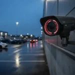 Uma visão em close-up de uma câmera de segurança Vicon montada em uma parede de metal texturizada à noite. A lente da câmera está envolta por luzes LED infravermelhas vermelhas ativas. Ela supervisiona um estacionamento industrial molhado, um prédio de armazém com luzes brilhantes e um pátio de carros com muitos veículos estacionados, tudo sob um céu escuro e ligeiramente nublado.